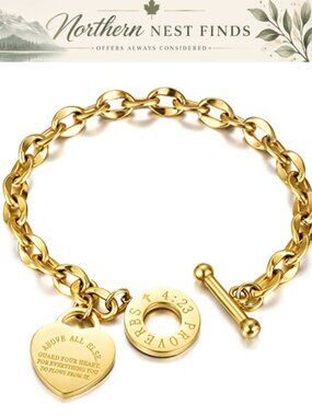 Stainless Steel Heart Charm Bracelet with Bible Verse Engraved